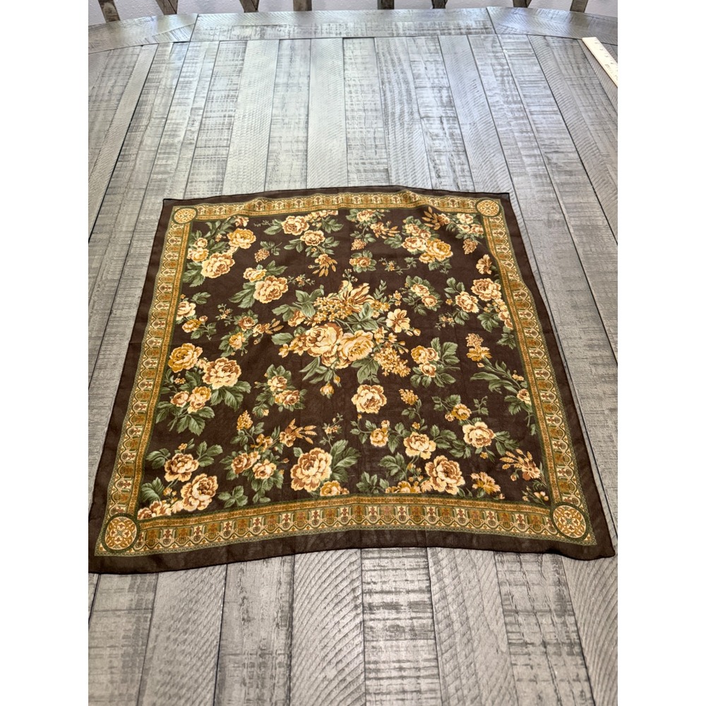 Vintage Brown Floral Bandana Scarf Yellow Roses Ornate Gold Border 21x21 Boho